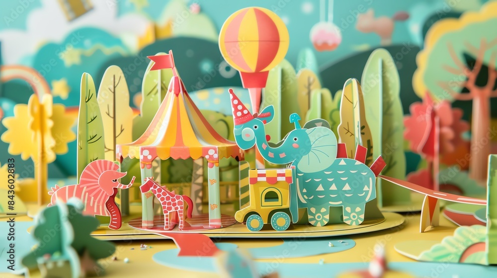 A whimsical circus scene with a colorful tent, animals, and a hot air balloon in a green forest setting. A whimsical circus scene with a colorful tent, animals, and a hot air balloon in a green forest setting.