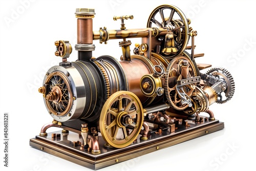 Vintage steam engine model with antique metal parts. Retro and historical machinery, perfect for transportation and agricultural themes. Emphasizing the wheel, cylinder, and