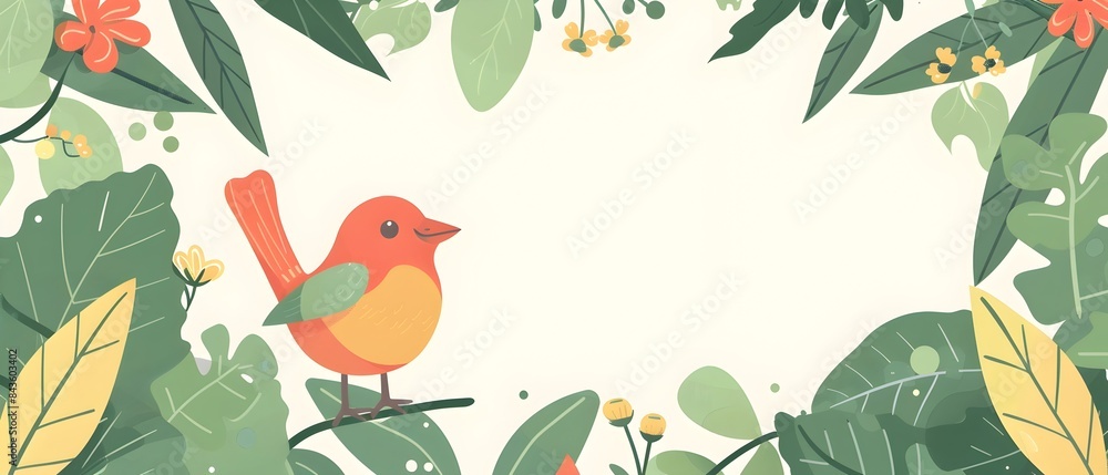 Cheerful Cartoon Bird Perched in Lush Botanical Garden Frame with Blank Copy Space