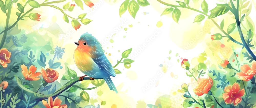 Cheerful Chic Bird Perched on Flowery Branch in Lush Garden with Blank Frame for Whimsical Cartoonish Page Print Design Cheerful Chic Bird Perched on Flowery Branch in Lush Garden with Blank Frame for Whimsical Cartoonish Page Print Design