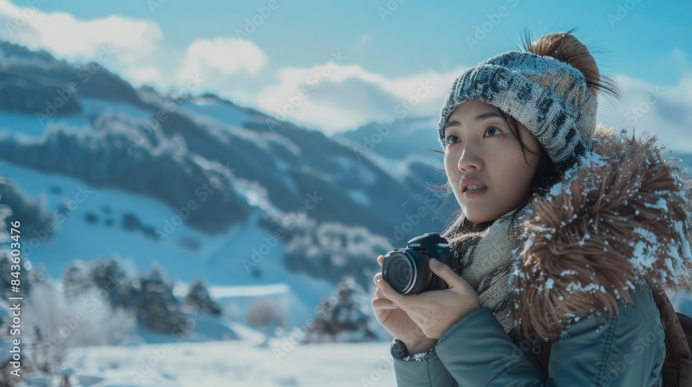 Portrait of young Asian woman talking photos on snow mountain, outdoors and traveller concept Portrait of young Asian woman talking photos on snow mountain, outdoors and traveller concept