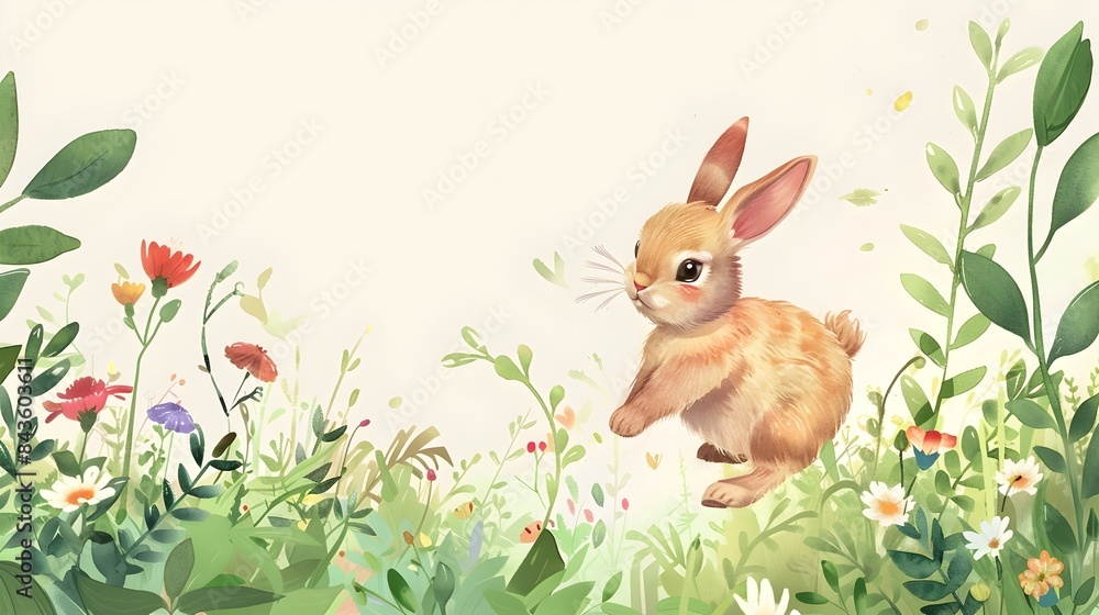 Cheerful Rabbit Bounding Through Vibrant Garden with Sketch Style Frame and Blank Background Cheerful Rabbit Bounding Through Vibrant Garden with Sketch Style Frame and Blank Background