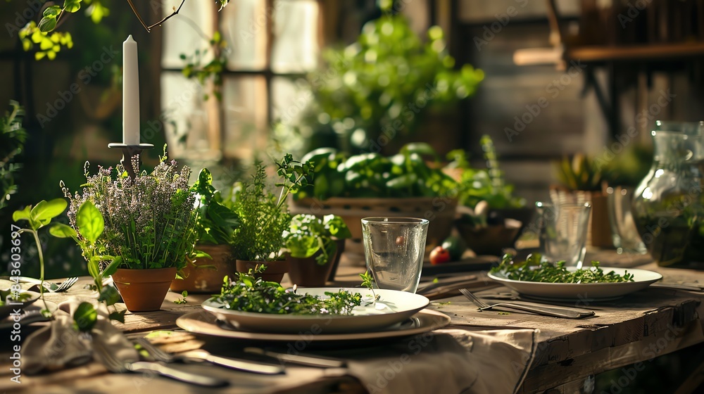Rustic table setting with fresh herbs and greenery, bathed in warm sunlight. Rustic table setting with fresh herbs and greenery, bathed in warm sunlight.