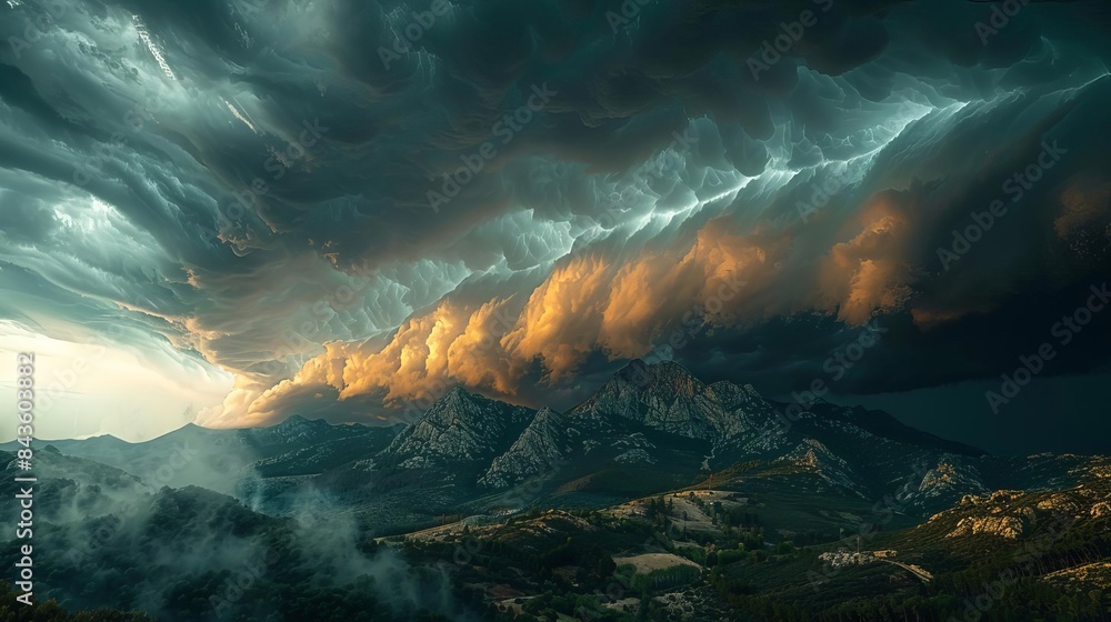 Naklejka premium Towering storm clouds rolling in over a majestic mountain range, casting shadows and bringing a sense of drama and impending weather to the landscape