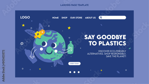 Plastic pollution awareness landing page template flat illustration