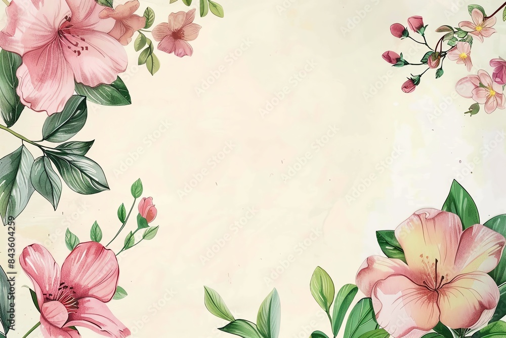 Obraz premium Watercolor floral frame with pink flowers and green leaves on a cream background.