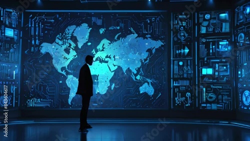 A person is standing in front of a large screen with a map of the world on it.