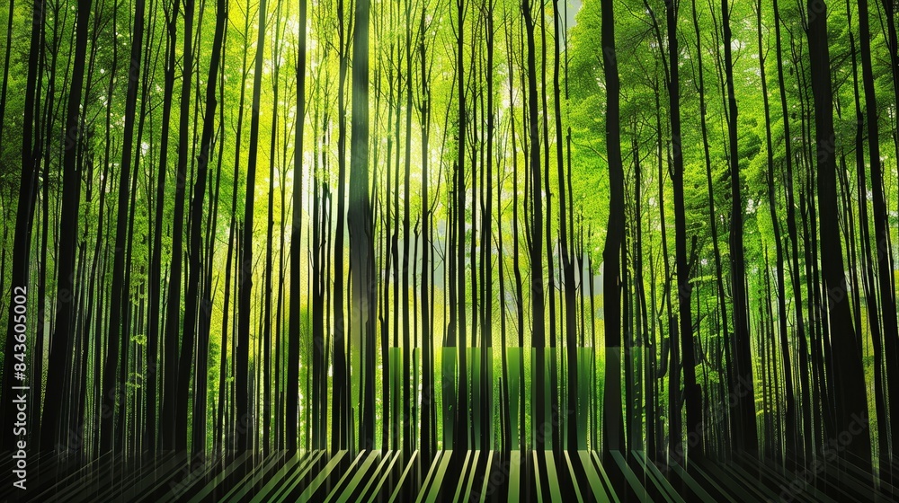 Fototapeta premium A banner depicting a barcode scanning that reveals a forest, symbolizing the hidden costs of consumerism on nature.