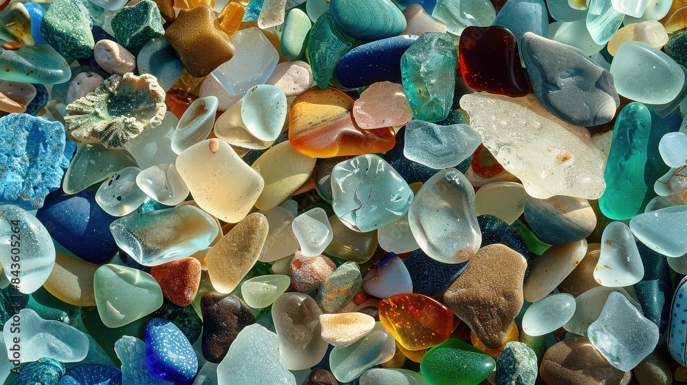 Obraz premium Collection of sea glass and stones. The sea glass is in various colors including blue, green, amber, red, and clear, with some pieces exhibiting a frosted appearance