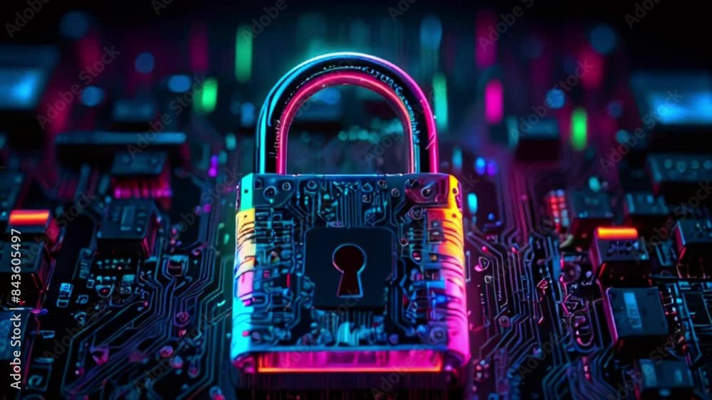 A glowing blue, green, and pink padlock on a circuit board with a glowing background. A glowing blue, green, and pink padlock on a circuit board with a glowing background.