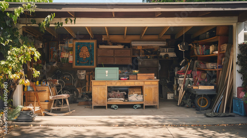 Welttag des Trödels und des Garagenverkaufs altes Zeug verkaufen vor der Garage Sperrmüll vor einem Haus Generative AI photo