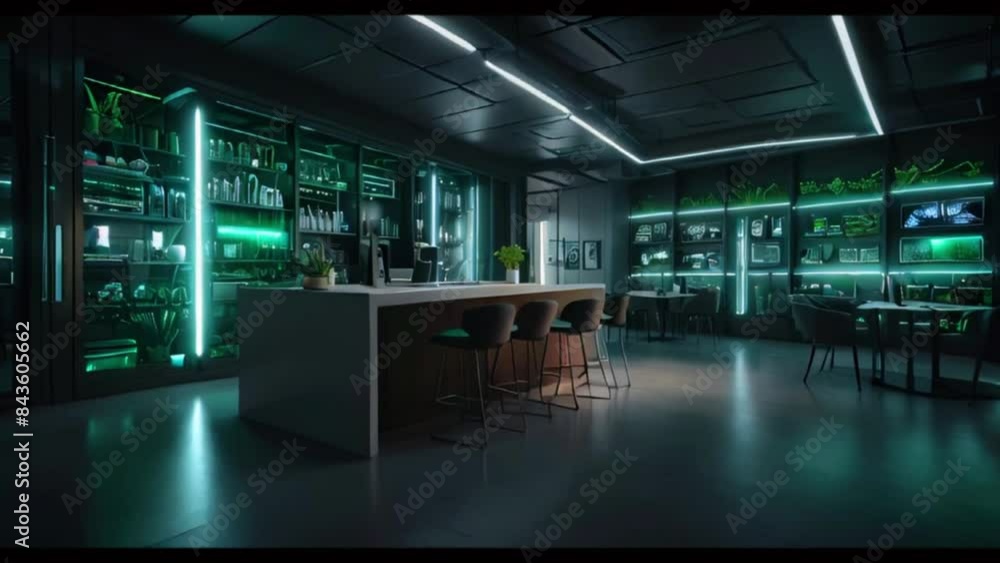 The video is a futuristic bar with green neon lights, high-tech equipment, and a large bar counter. The video is a futuristic bar with green neon lights, high-tech equipment, and a large bar counter.