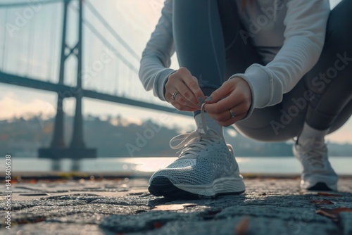 Close up of sporty woman tying shoelace while kneeling outdoor, In background bridge. Fitness outdoors concept