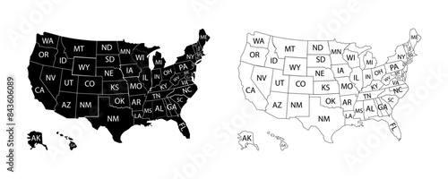Map of all US states. Vector design of abbreviated names of US states. Detailed map of US states. Marking with postal abbreviations. Stock vector.
