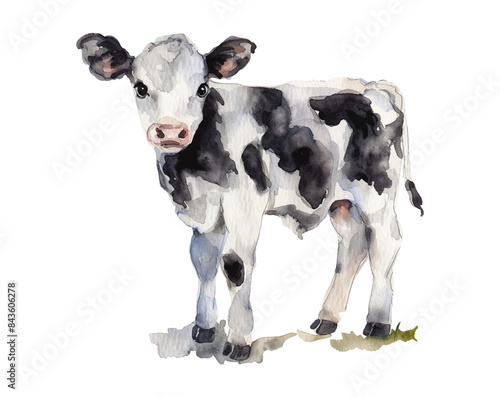 Watercolor vector baby cow on isolated white background