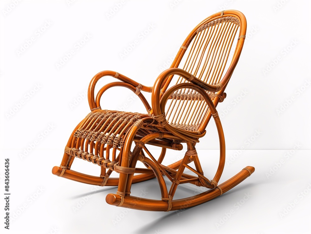 Elegant natural rattan rocking chair with curved design, perfect for comfortable seating in modern home interiors or outdoor spaces. Elegant natural rattan rocking chair with curved design, perfect for comfortable seating in modern home interiors or outdoor spaces.