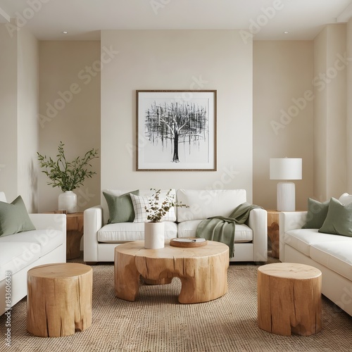    Elegant Minimalist Living Room Interior with Natural Elements   
