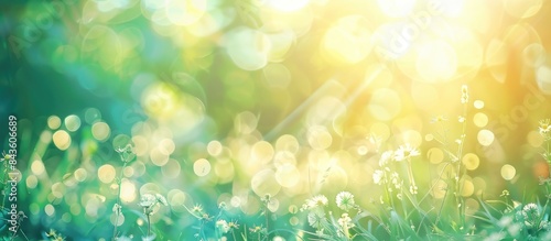 Abstract blurred beautiful soft green bokeh light meadow and blue sky on an autumn sunrise background