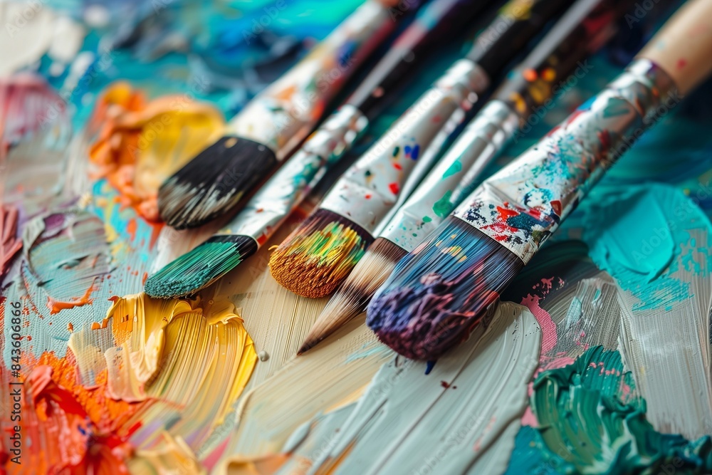 Close-up of used brushes resting on an artist's palette adorned with vibrant strokes of oil paint Close-up of used brushes resting on an artist's palette adorned with vibrant strokes of oil paint
