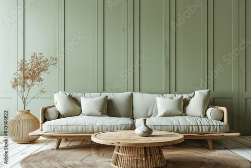 A rustic sofa complements a round wooden coffee table against a backdrop of light green paneling on the wall