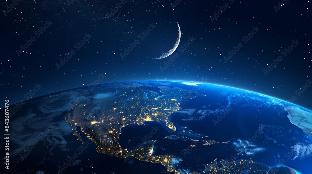 Earth from space at night showing city lights and a crescent moon. Earth from space at night showing city lights and a crescent moon.