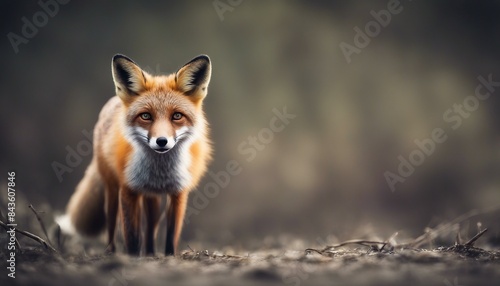A close-up view of a small fox standing upright. The animal appears curious as it stares straight ahead, looking directly at the camera.