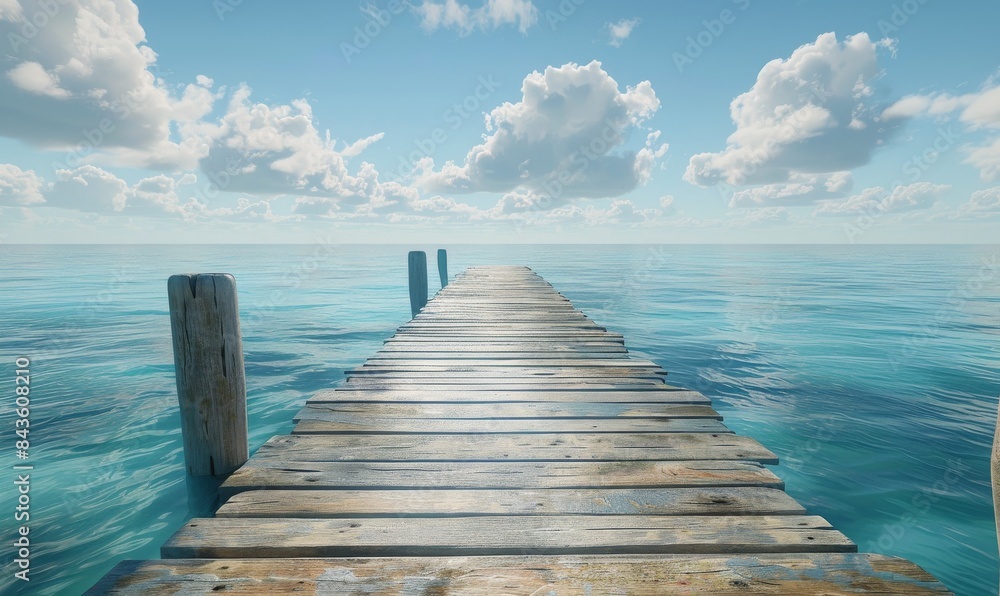 Fototapeta premium Wooden Dock Extending Out To The Calm Ocean Under A Clear Blue Sky