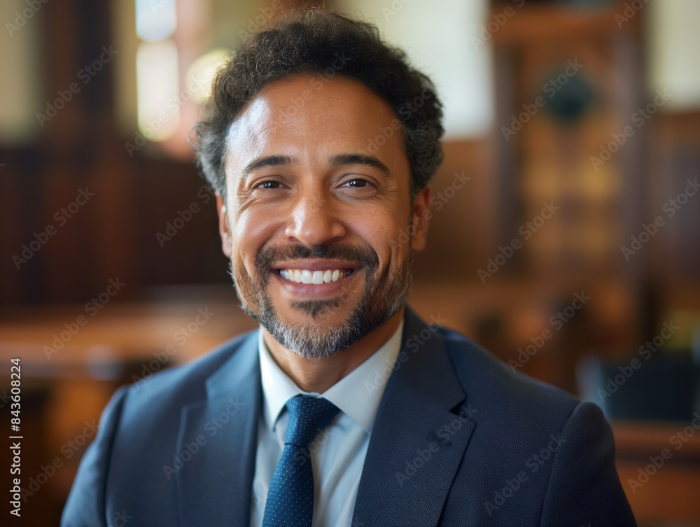 A Lawyer male wearing a professional suit, standing in front of a courtroom bench, smiling and looking into the camera A Lawyer male wearing a professional suit, standing in front of a courtroom bench, smiling and looking into the camera