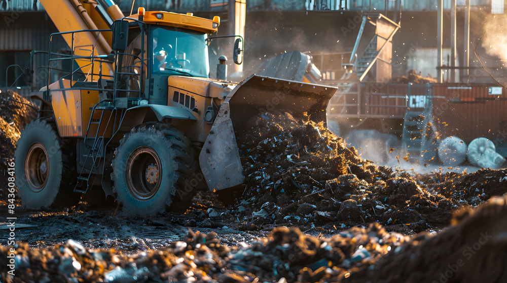 A brown loader is scooping compost at a recycling plant. and particles can be seen swirling around its bucket. A brown loader is scooping compost at a recycling plant. and particles can be seen swirling around its bucket.