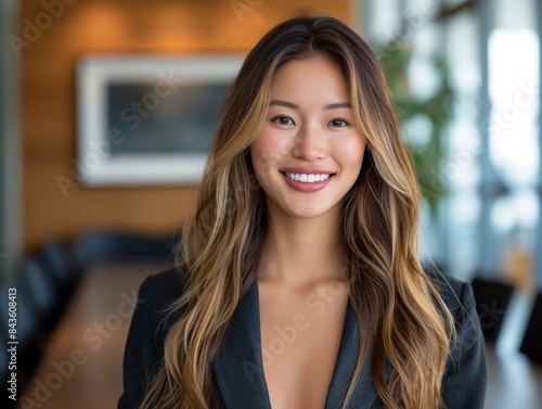 An Arbitrator female wearing professional attire, standing in front of a mediation room, smiling and looking into the camera