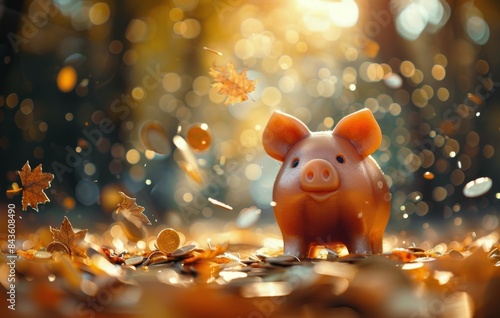 Piggy Bank Surrounded by Coins in a Forest Setting