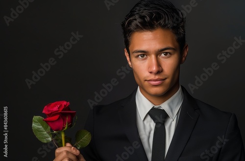 Young Man in Suit Holding a Single Red Rose Against a Dark Background