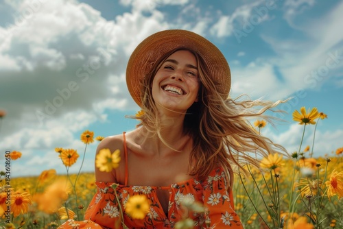Woman in Straw Hat Smiles in Field of Yellow Flowers on Sunny Day