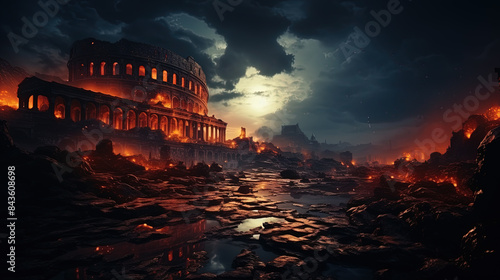 ruins of the damaged colosseum of Rome in a post-apocalyptic scenery. the sky is dark and cloudy, red flashes in the distance