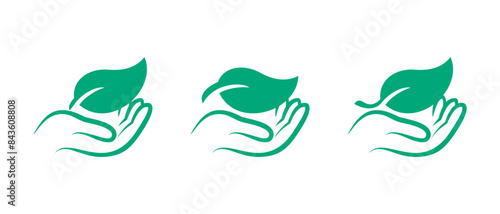 Green leaf and hand icon for eco and organic bio package label, vector signs. Biodegradable, recyclable or plastic free and biodegradable eco safe with bio degradable package stamps