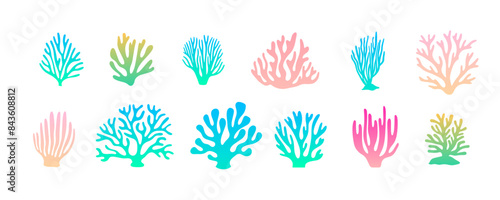 Corals, hand drawn various shapes, vector sea and ocean plants set. Colorful cartoon corals for tropical marine art decorations