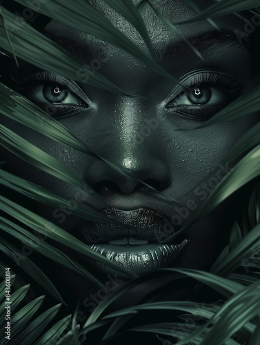 illustration of portrait in grayscale, black and white. black outline , green tropical leaves background photo