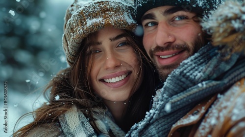 Smiling Couple Wrapped In Scarves During Winter Snowfall