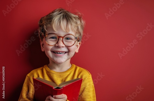 Happy Young Boy Wearing Glasses Holding a Book in Front of Red Wall