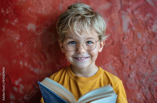 Happy Young Boy Wearing Glasses Holding a Book in Front of Red Wall