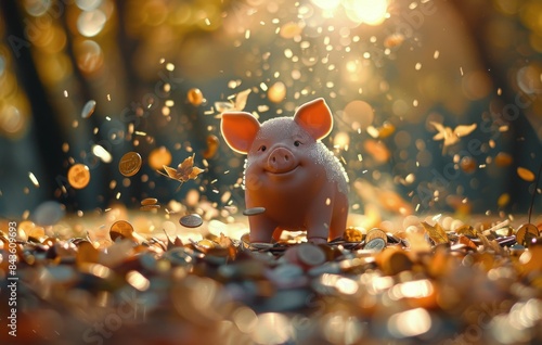 Piggy Bank Surrounded by Coins in a Forest Setting