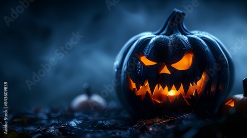 Glowing jack o lantern with a creepy smile. Ideal for Halloween and autumn celebrations, capturing the spooky and festive vibe. photo