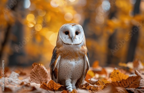 Barn Owl Perched On Autumn Leaves In A Forest