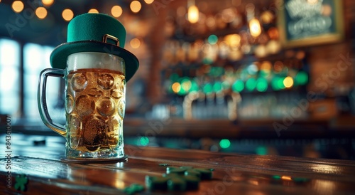 A Glass of Beer and a Leprechaun Hat on a Wooden Table in a Pub