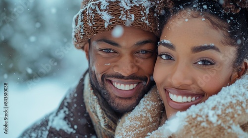 Smiling Couple Wrapped In Scarves During Winter Snowfall