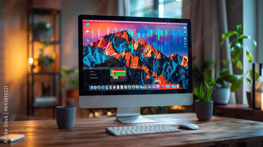 Modern Desktop With Mountain Wallpaper and Plants in a Home Office Modern Desktop With Mountain Wallpaper and Plants in a Home Office
