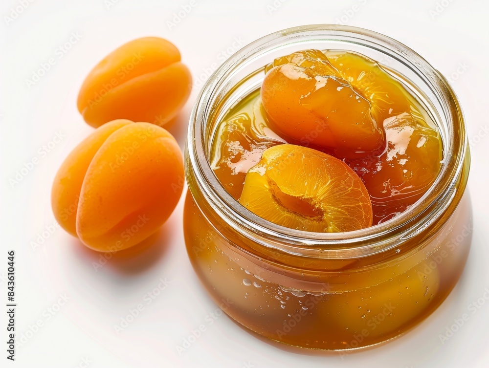 Jar of Fresh Apricot Preserves with Whole Apricots on White Background Jar of Fresh Apricot Preserves with Whole Apricots on White Background