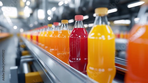 Modern factory production line Fruit juice in plastic bottles on conveyor belt