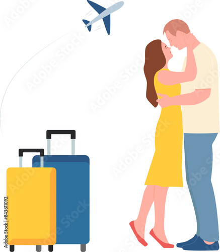 A young man and woman hugging, two suitcases, airplane in the flight. Honey moon travel vector illustration. Transparent background