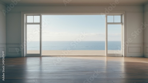 Spacious Interior Design Featuring Hardwood Floors And Panoramic Seaside Vista. Modern Elegance. Generative AI